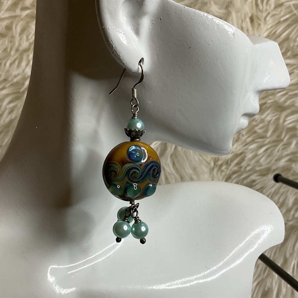 Pulse Design Handcrafted Turquoise, ocean blue & Amber Glass Bead Drop Earrings